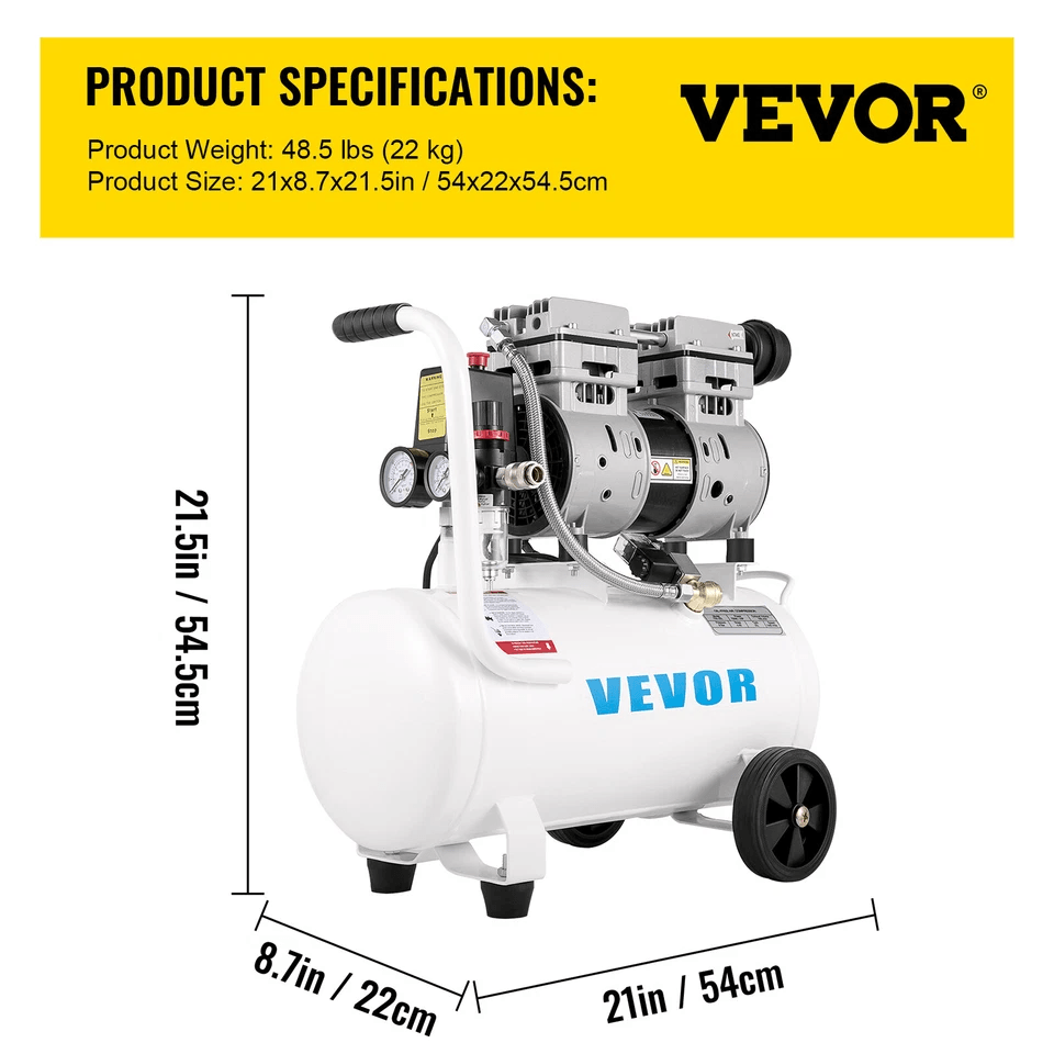 Oil Free Air Compressor 66 Gallon Steel Tank Ultra Quiet Portable  MaintenanceFree 6
