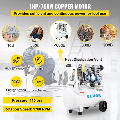 Oil Free Air Compressor 66 Gallon Steel Tank Ultra Quiet Portable  MaintenanceFree 2