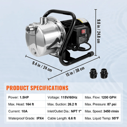 HeavyDuty Portable Garden Water Jet Pump Shallow Well Pump With Stainless Steel Jet Head High Flow  11