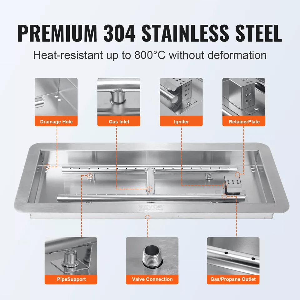 Dropin Fire Pit Pan With HShape Burner Kit  150000 BTU Stainless Steel Propane  Natural Gas Firepla 2