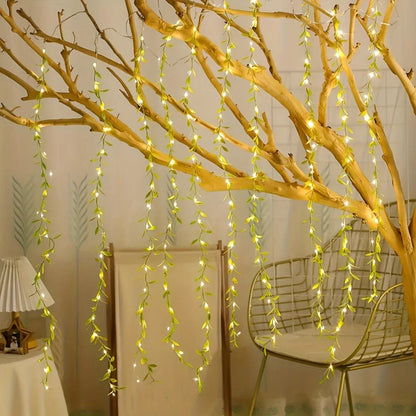 BatteryPowered 2M 20 Light Imitation Leaf Curtain Lamp Decorative Copper Wire String with Wrought