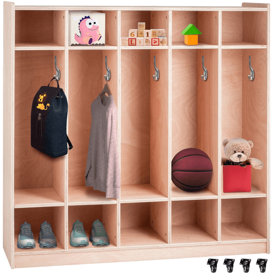 Coat Locker 5 Section Daycare Cubby Coat Rack with 5 Hooks and Storage Boxes, Wooden Preschool Organizer