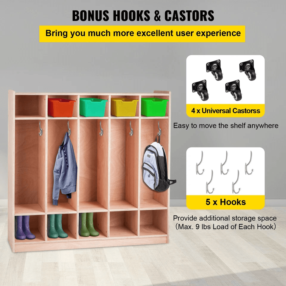 Coat Locker 5 Section Daycare Cubby Coat Rack With 5 Hooks And Storage Boxes Wooden Preschool Organ 3