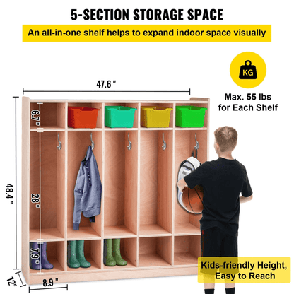 Coat Locker 5 Section Daycare Cubby Coat Rack With 5 Hooks And Storage Boxes Wooden Preschool Organ 5