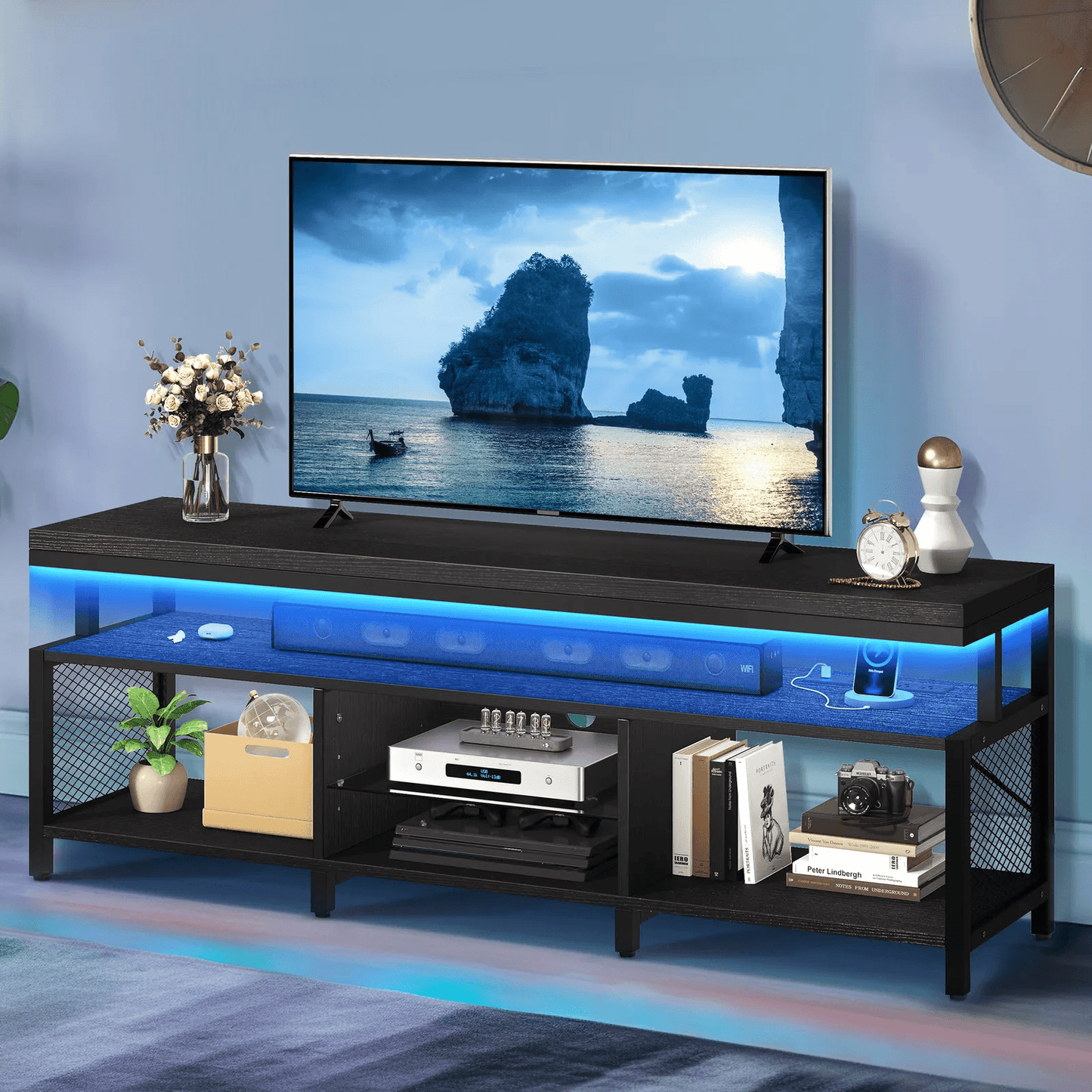 Modern LED TV Stand with Power Outlets, Entertainment Media Console for TV with RGB Lights & Adjustable Shelves