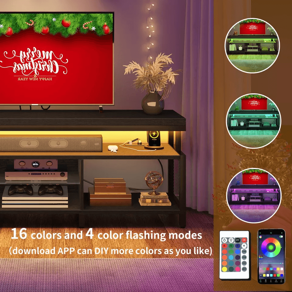 Modern LED TV Stand With Power Outlets Entertainment Media Console For TV With RGB Lights  Adjustab 2