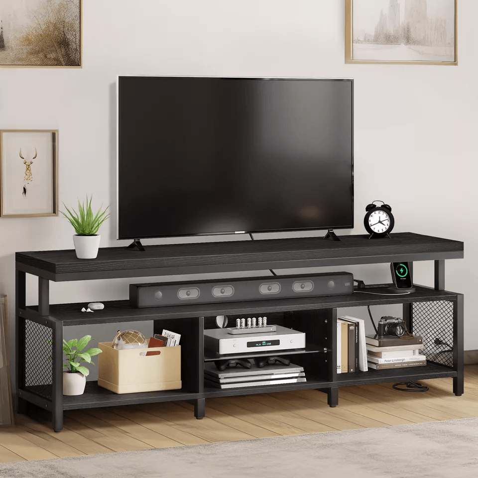 Modern LED TV Stand With Power Outlets Entertainment Media Console For TV With RGB Lights  Adjustab 1