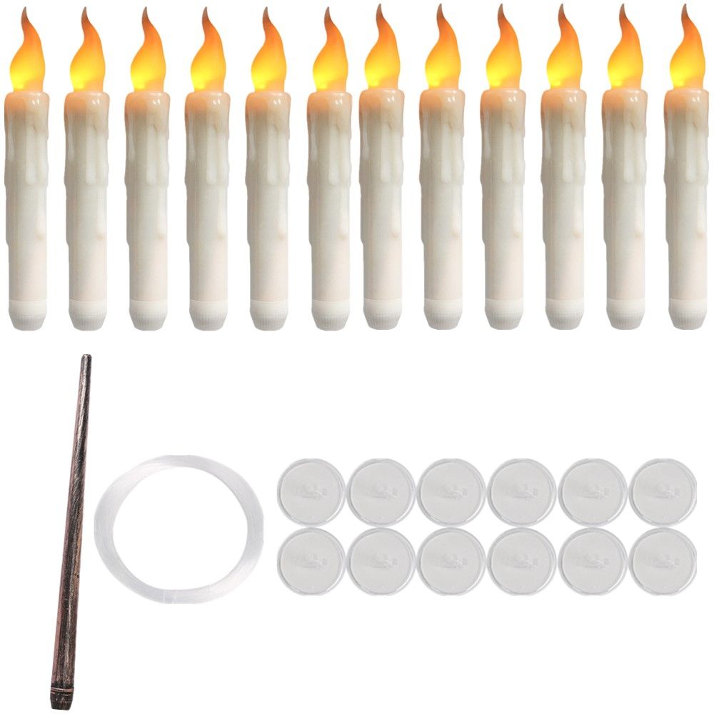 Floating LED Taper Candles with Magic Wand Flickering Warm Light Flameless Candles for Halloween