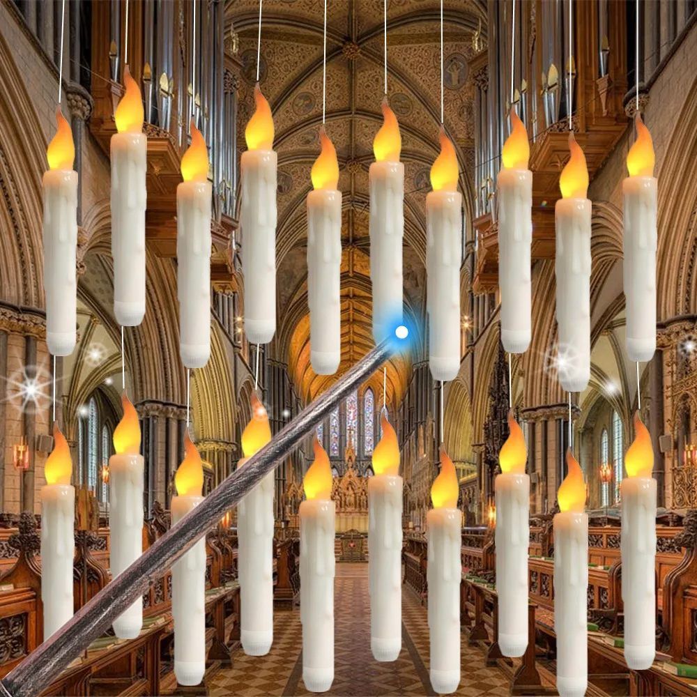 Floating LED Taper Candles with Magic Wand Flickering Warm Light Flameless Candles for Halloween