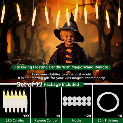 Floating LED Taper Candles with Magic Wand Flickering Warm Light Flameless Candles for Halloween