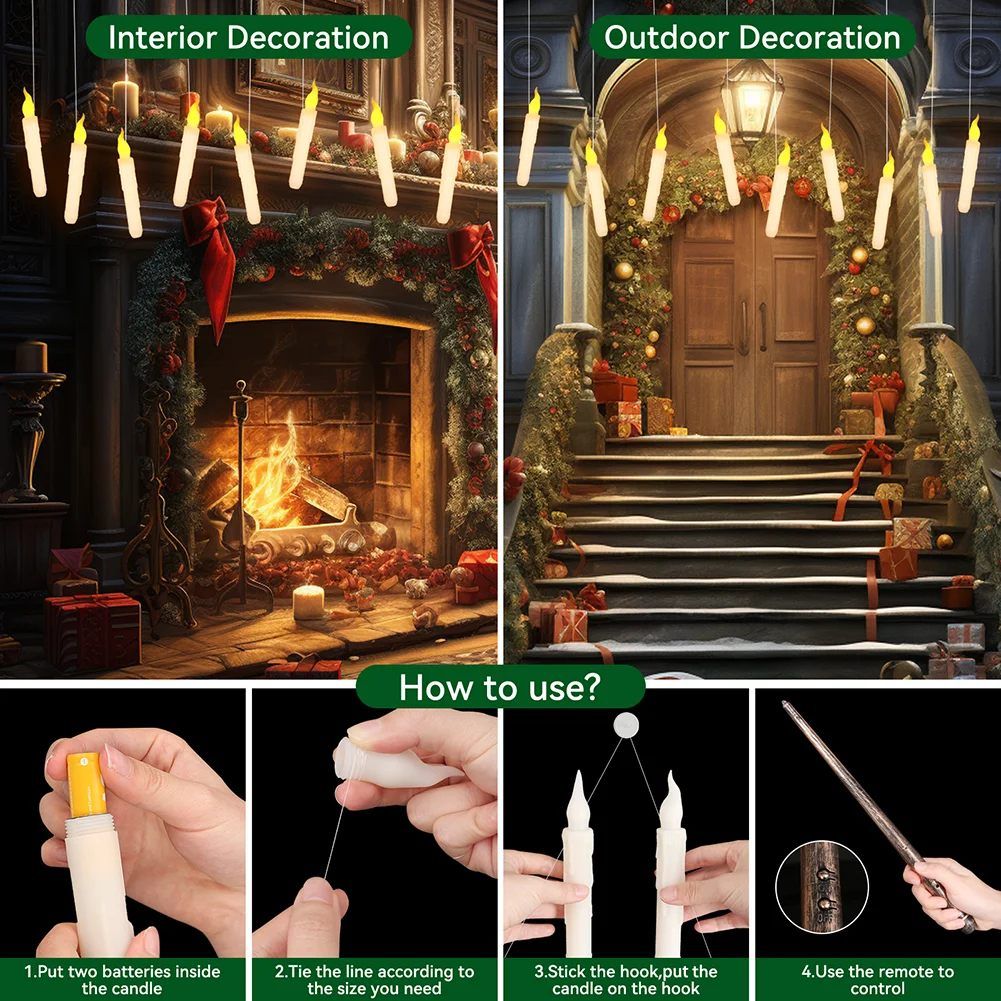 Floating LED Taper Candles with Magic Wand Flickering Warm Light Flameless Candles for Halloween