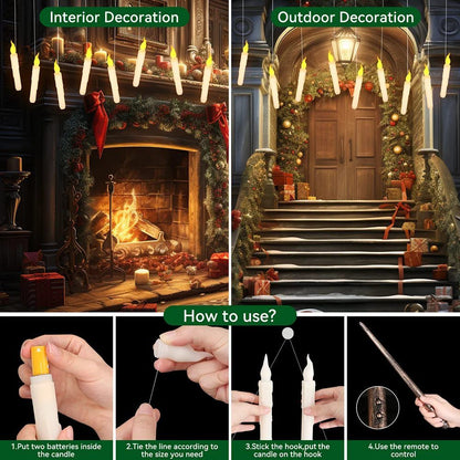 Floating LED Taper Candles with Magic Wand Flickering Warm Light Flameless Candles for Halloween