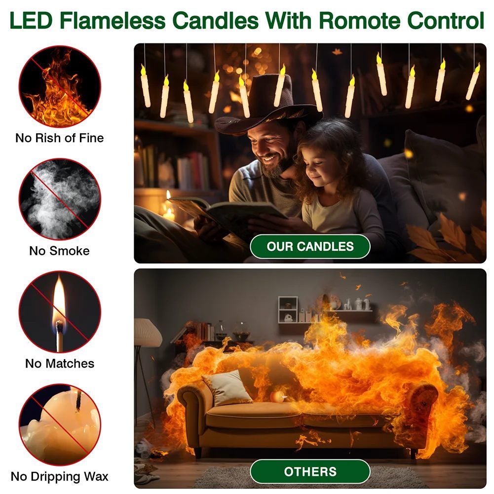 Floating LED Taper Candles with Magic Wand Flickering Warm Light Flameless Candles for Halloween