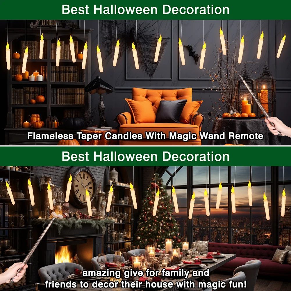 Floating LED Taper Candles with Magic Wand Flickering Warm Light Flameless Candles for Halloween