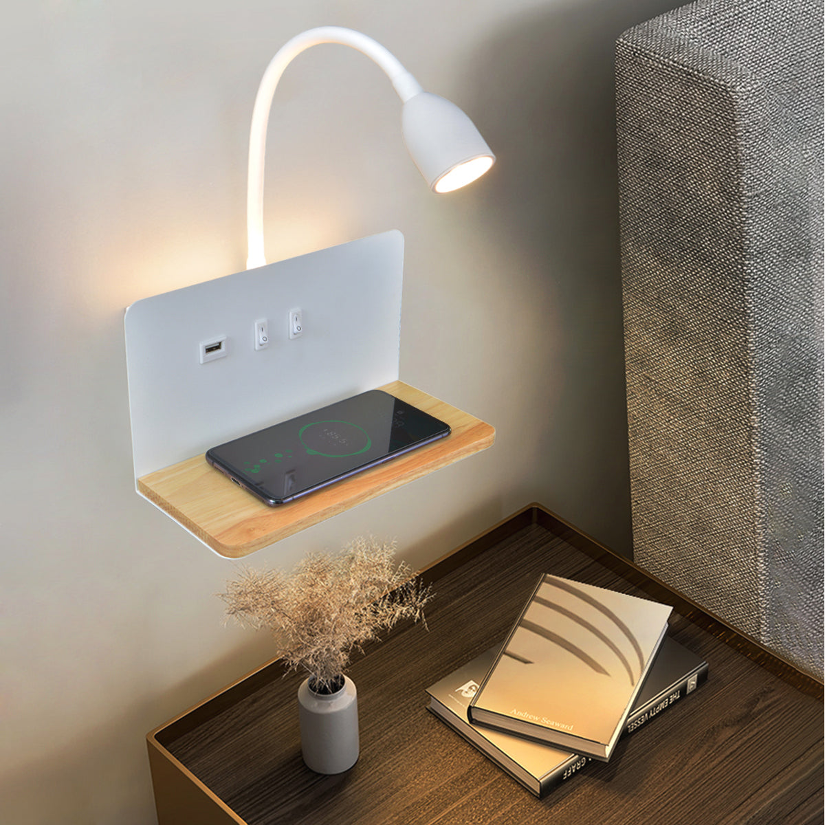 Wireless Charging LED Wall Lamp 360 Rotatable Indoor Light with USB Interface  Switch for Modern