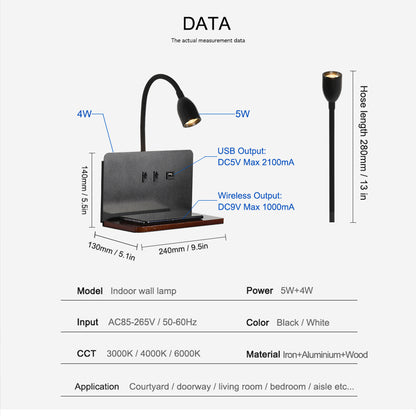 Wireless Charging LED Wall Lamp 360 Rotatable Indoor Light with USB Interface  Switch for Modern