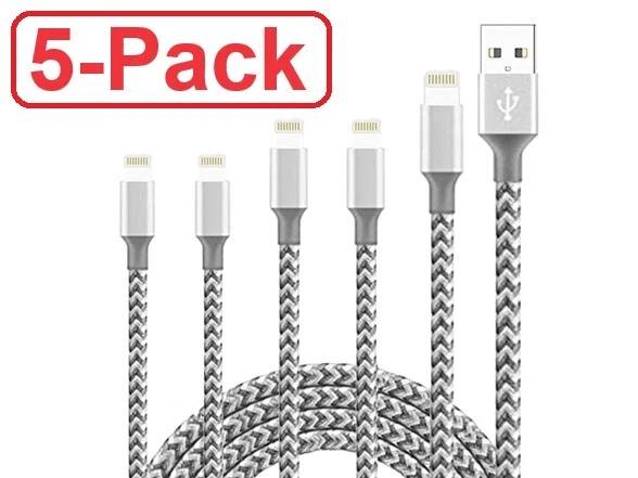 5 Pack Heavy Duty Fast Charger Cables for iPhone, Durable Nylon Braided Charging Cord