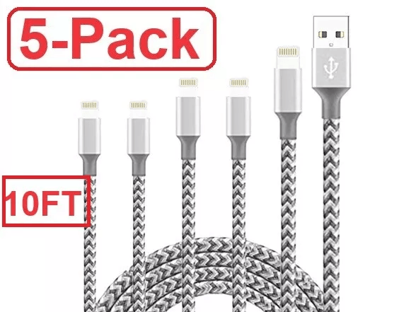 5 Pack Heavy Duty Fast Charger Cables For IPhone Durable Nylon Braided Charging Cord 5