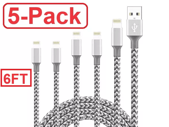 5 Pack Heavy Duty Fast Charger Cables For IPhone Durable Nylon Braided Charging Cord 4