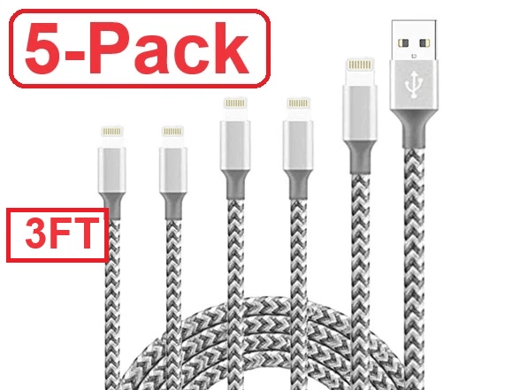 5 Pack Heavy Duty Fast Charger Cables For IPhone Durable Nylon Braided Charging Cord 3
