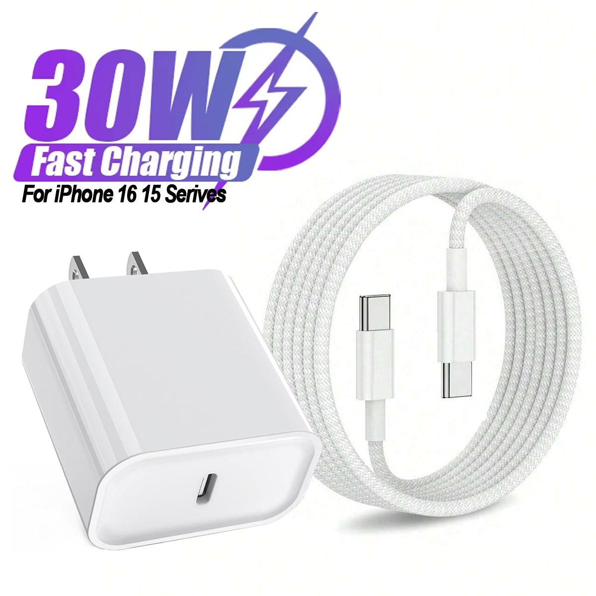 30W Wall Charger with USB-C Port & 3.3Ft Braided Type-C Cable, Fast Charging for iPhone 16, iPad, Samsung, Xiaomi