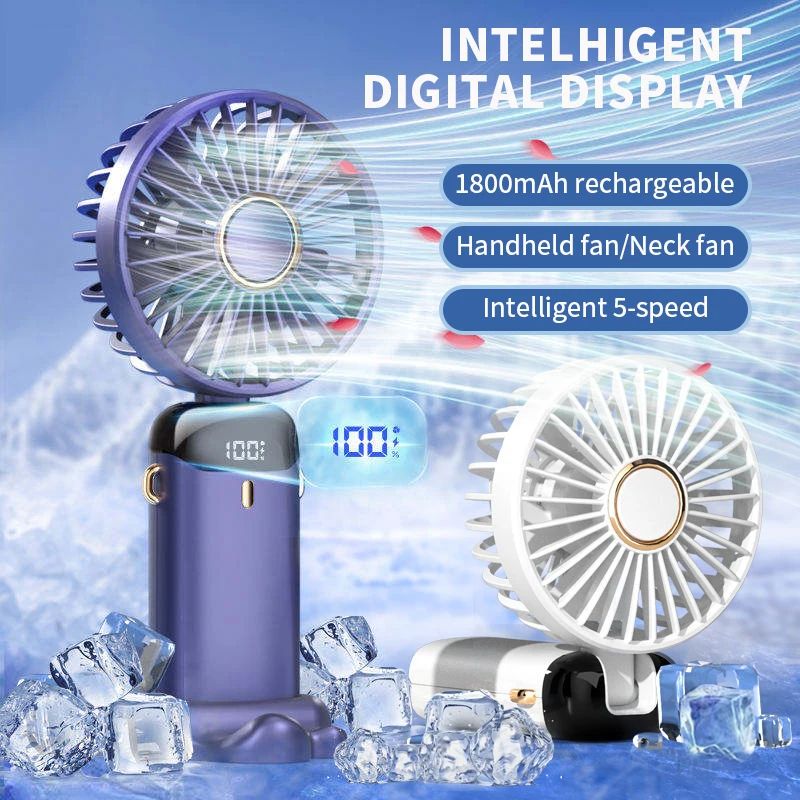 Handheld Mini Fan Foldable Portable Neck Hanging USB Rechargeable Fan with Phone Stand, Display Screen, Speed Cooling