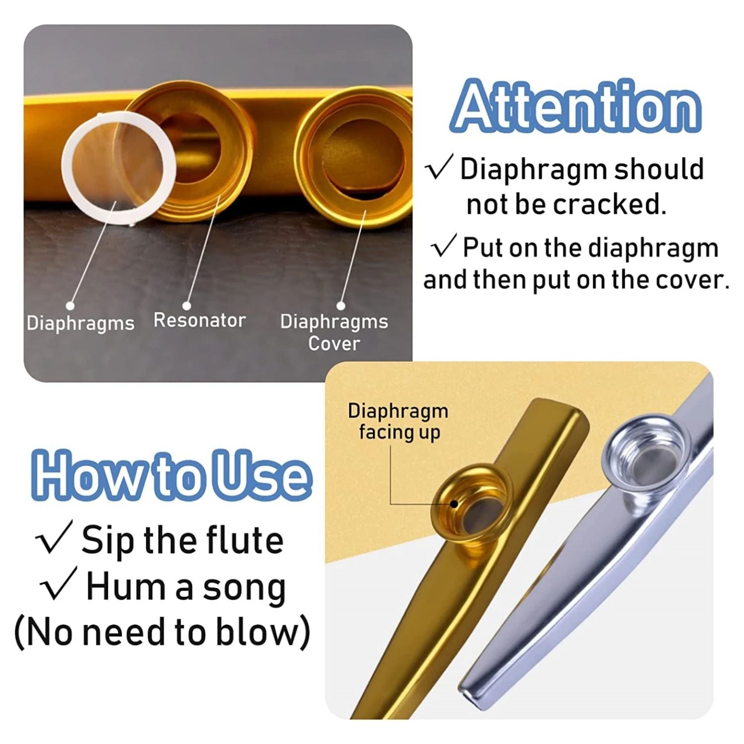 Aluminum Alloy Metal Kazoo Musical Instrument With 5 Flute Diaphragms Mouth Kazoo Ideal Companion F 5