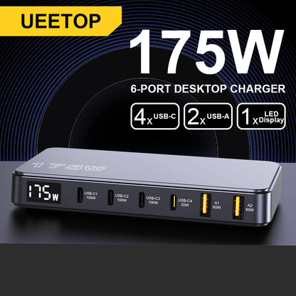 175W GaN USB C Desktop Charger, 6-Port PD 100W PPS 45W Fast Charging with LED Display
