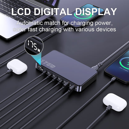 175W GaN USB C Desktop Charger 6Port PD 100W PPS 45W Fast Charging with LED Display