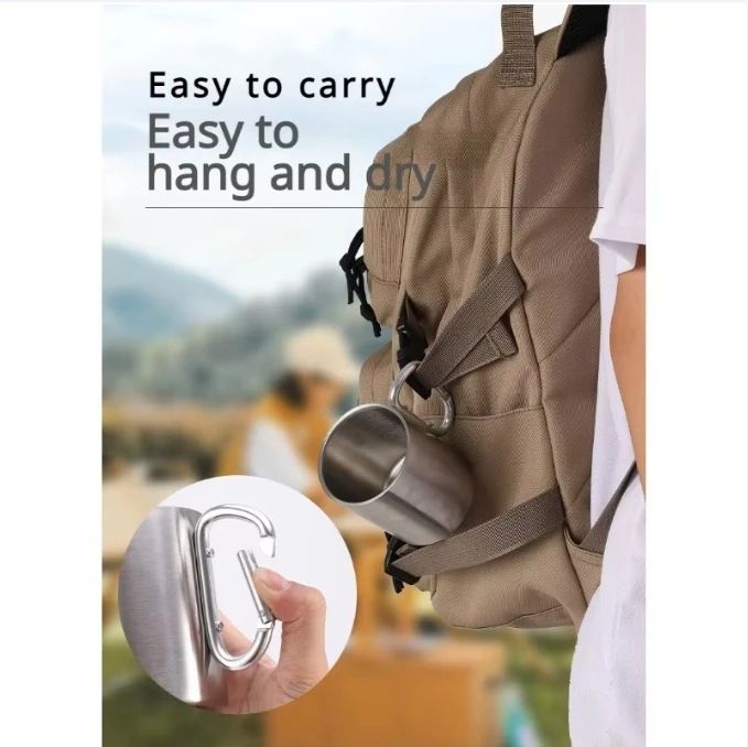 Portable Stainless Steel Camping Travel Cup With Carabiner Handle Outdoor Hiking Water Mug For Picn 3