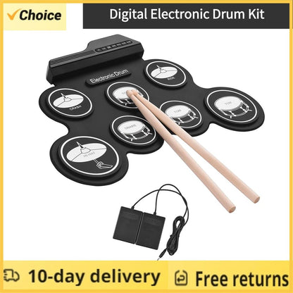 Portable Foldable USB Electronic Drum Set, Compact Roll-Up Silicon Drums Pad Kit with Pedal for Digital Hand Practice