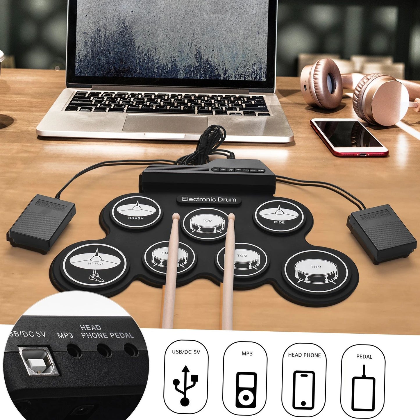 Portable Foldable USB Electronic Drum Set Compact RollUp Silicon Drums Pad Kit With Pedal For Digit 4