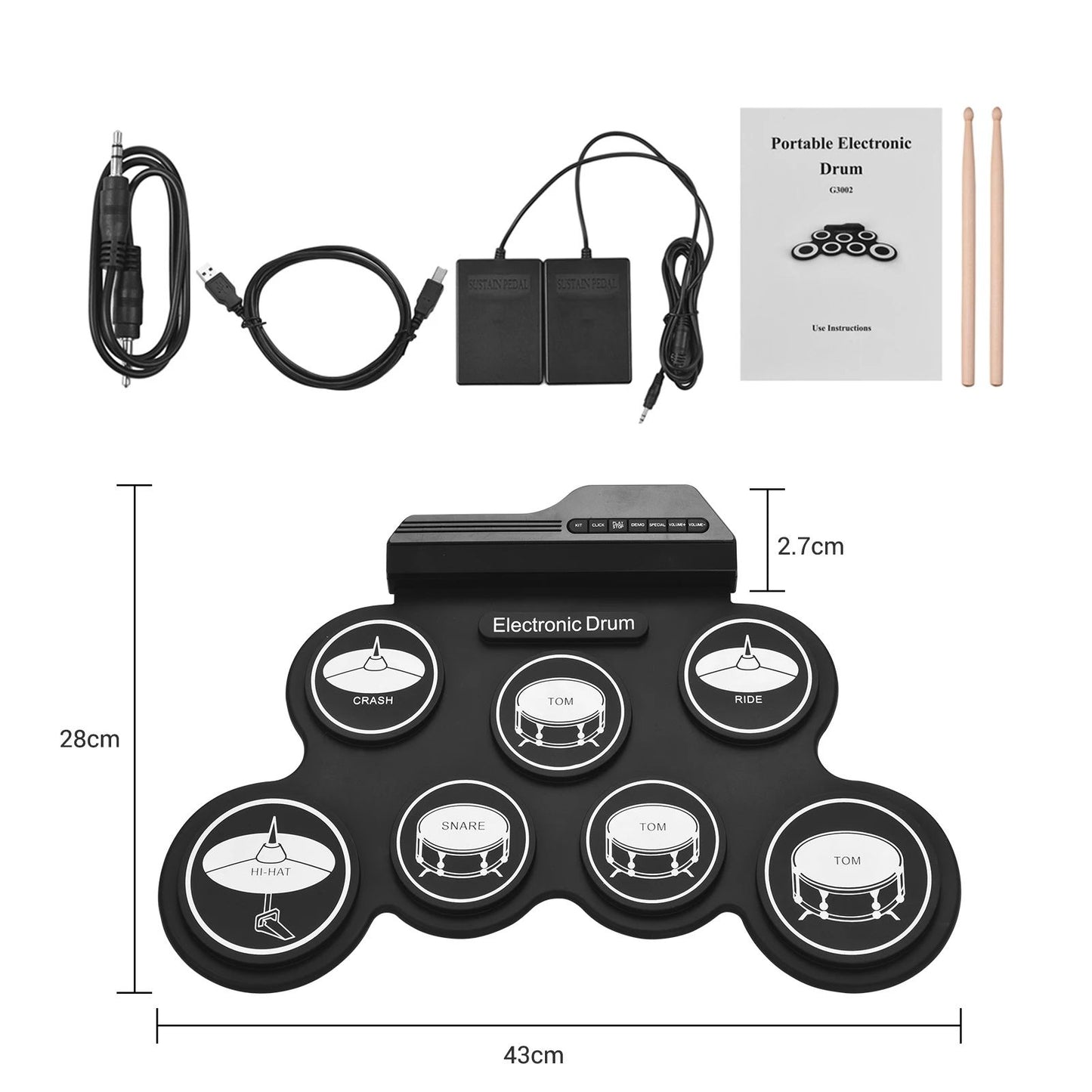 Portable Foldable USB Electronic Drum Set Compact RollUp Silicon Drums Pad Kit With Pedal For Digit 5
