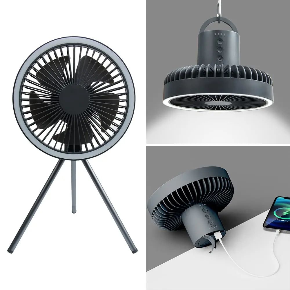 Camping Fan Rechargeable Desktop Portable Circulator, Wireless Ceiling Electric Fan with Power Bank & LED Light Outdoor