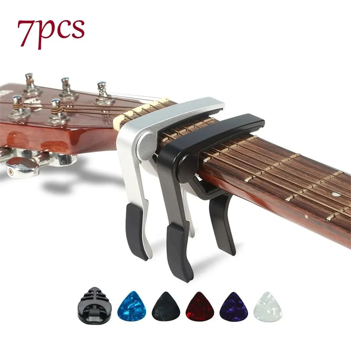 7pcs Guitar Capo Set for Acoustic & Electric Guitars – Includes 5 Free Picks & 1 Holder – Available in Black or Silver