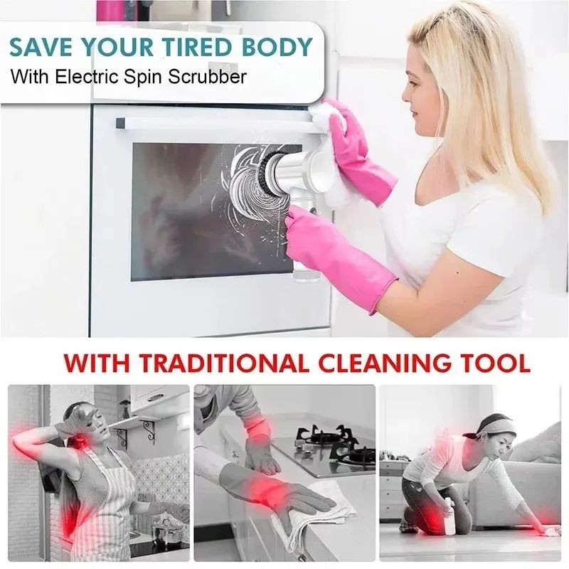 Cordless Electric Spin Scrubber Adjustable Extension Handle  Replaceable Brush Heads Ideal For Bath 4