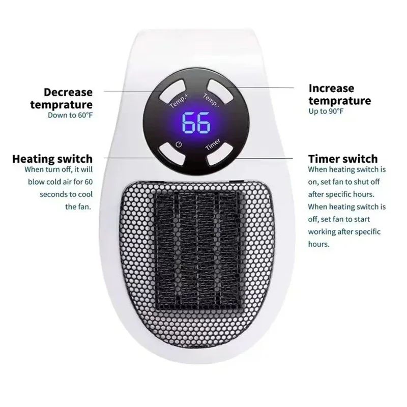 Portable Electric Heater Wall Mounted Room Heater With Remote Control  LED Display Energy Efficient 5