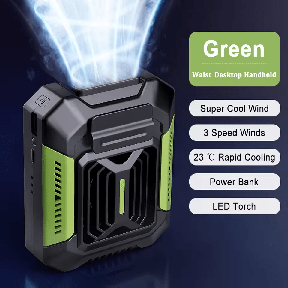 Portable Waist Clip Fan with 4000mAh Power Bank LED Flashlight – Wearable Personal Fan for Outdoor Work, Hiking, Camping
