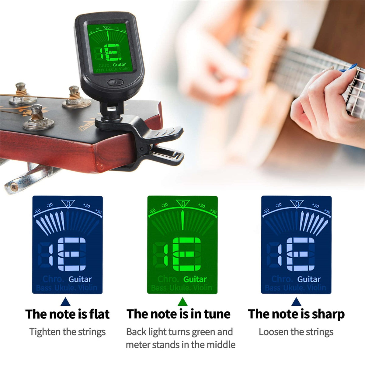 AllInstrument ClipOn Guitar Tuner Chromatic Electronic Tuner for Guitar Bass Ukulele Violin M