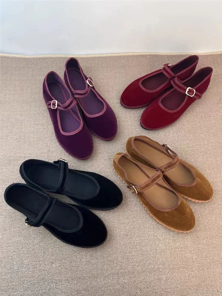 Women Velvet Mary Jane Shoes Hand Stitch Solid Red Flats, Casual Streetwear Cloth Ballet Pumps Loafers