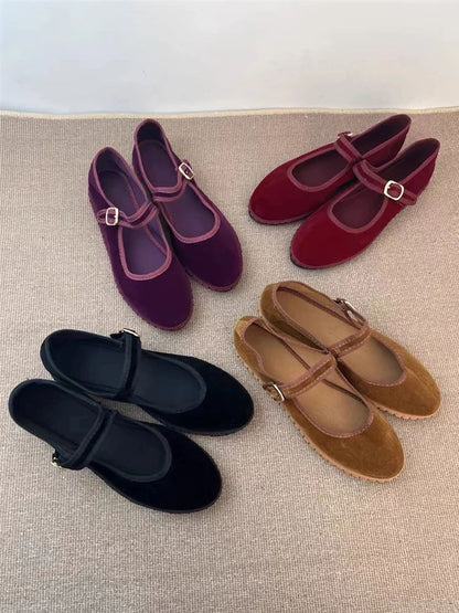 Women Velvet Mary Jane Shoes Hand Stitch Solid Red Flats, Casual Streetwear Cloth Ballet Pumps Loafers