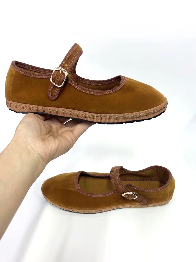 Women Velvet Mary Jane Shoes Hand Stitch Solid Red Flats Casual Streetwear Cloth Ballet Pumps Loafe 1