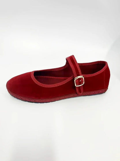 Women Velvet Mary Jane Shoes Hand Stitch Solid Red Flats Casual Streetwear Cloth Ballet Pumps Loafe 2