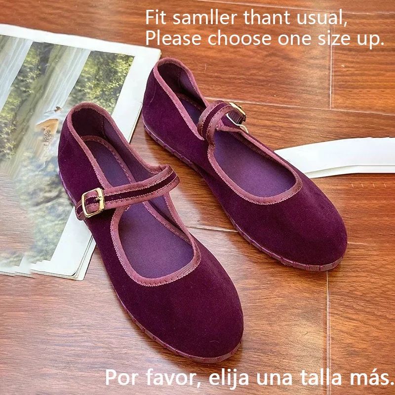 Women Velvet Mary Jane Shoes Hand Stitch Solid Red Flats Casual Streetwear Cloth Ballet Pumps Loafe 5