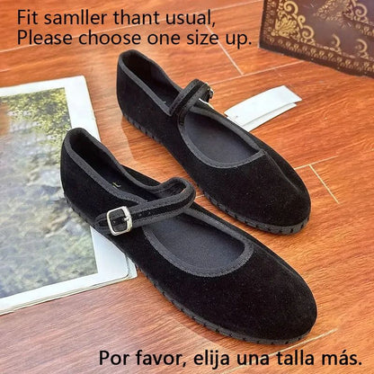 Women Velvet Mary Jane Shoes Hand Stitch Solid Red Flats Casual Streetwear Cloth Ballet Pumps Loafe 6