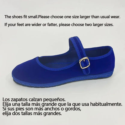 Women Velvet Mary Jane Shoes Hand Stitch Solid Red Flats Casual Streetwear Cloth Ballet Pumps Loafe 7