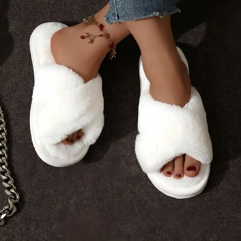 Women Indoor Cross Strap Faux Fur Slippers Lightweight Warm Plush Home Slides Flat Heel Couple Styl 2