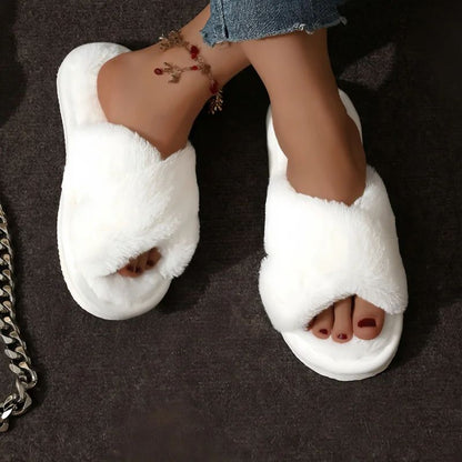 Women Indoor Cross Strap Faux Fur Slippers Lightweight Warm Plush Home Slides Flat Heel Couple Styl 2