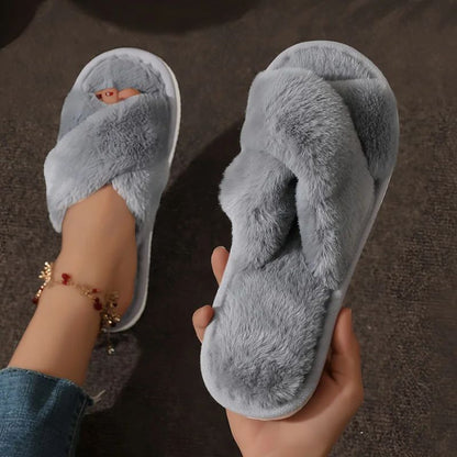 Women Indoor Cross Strap Faux Fur Slippers Lightweight Warm Plush Home Slides Flat Heel Couple Styl 4