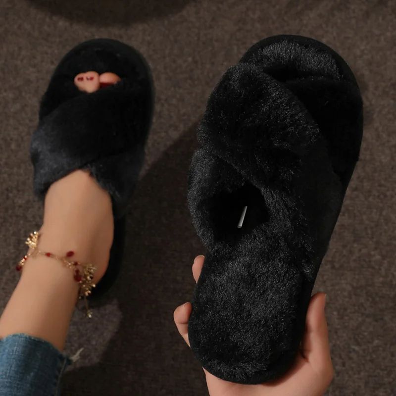 Women Indoor Cross Strap Faux Fur Slippers Lightweight Warm Plush Home Slides Flat Heel Couple Styl 1
